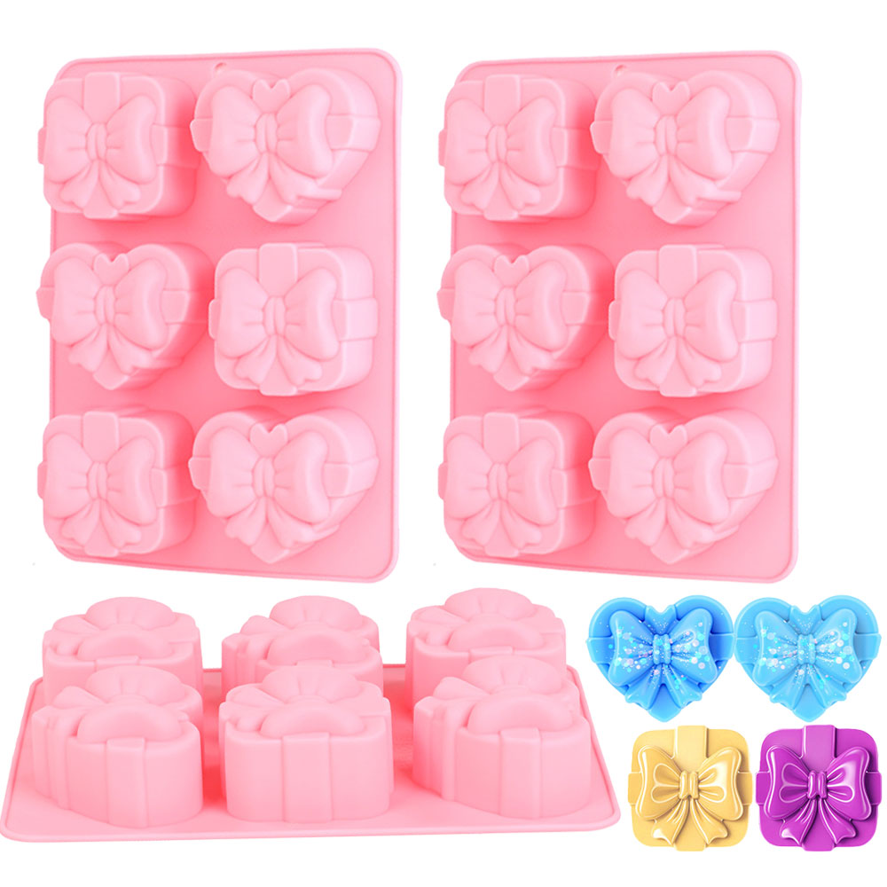 Candle Supplies Storage - รูปหัวใจสแควร์แม่พิมพ์ซิลิโคน 6 Cavity Bow Design Handmade